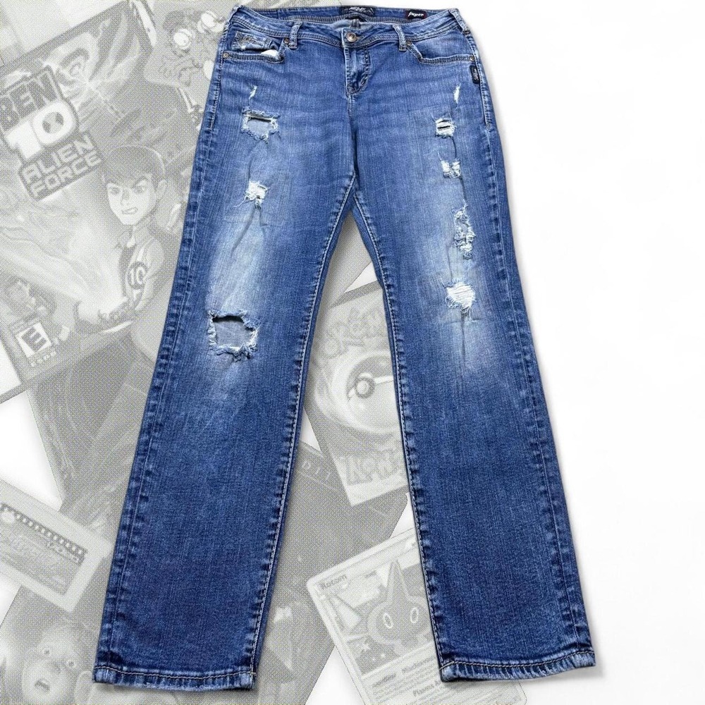 Vintage Y2K Silver Jeans Straight Leg Boyfriend Ripped Distressed Denim Jeans